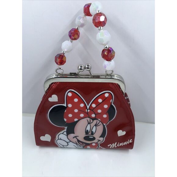 Minnie Mouse Disney Parks Red Shimmer - Polka Dots Small Purse Beaded Handle - Picture 1 of 9
